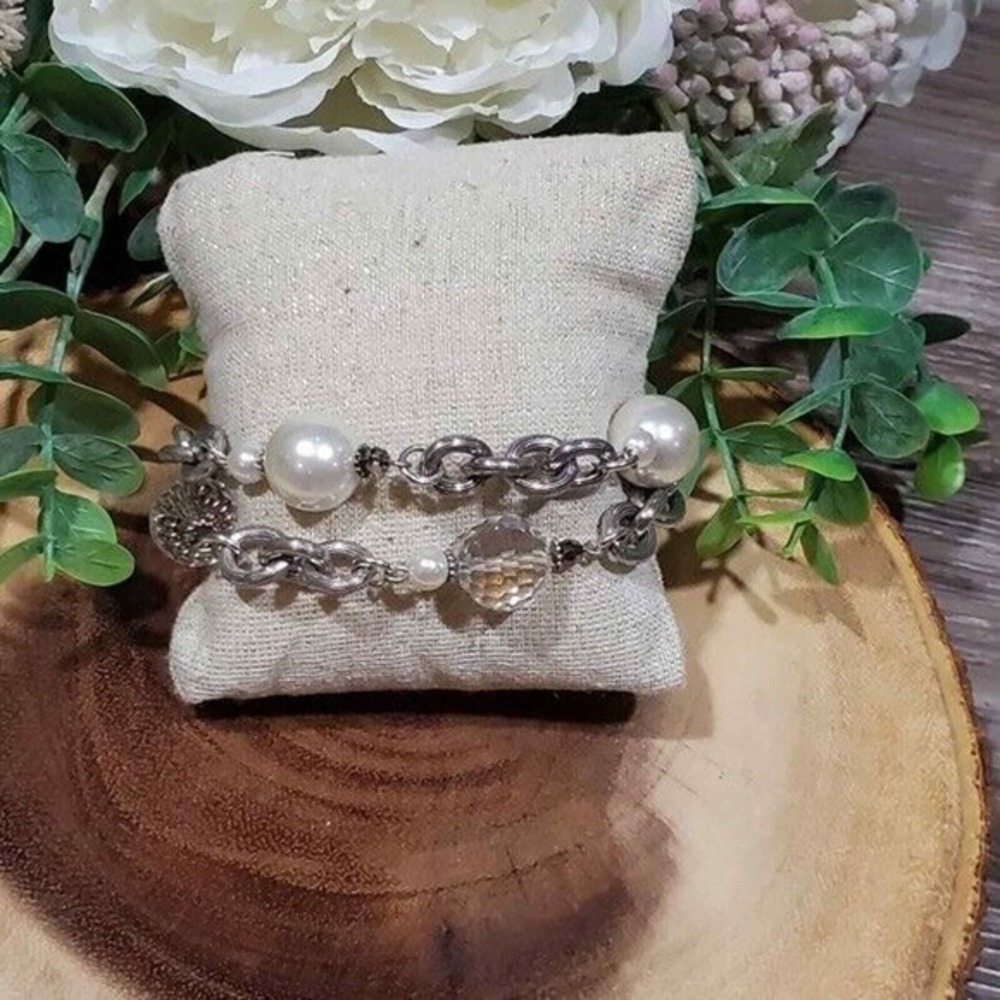 Brighton Faux pearl‎ Crystal Beaded Bauble double strand  Silver bracelet - Picture 5 of 7